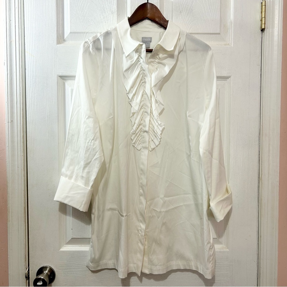 Chico's Tunic Shirt Ruffle Front Poplin Button Down White Size 16/18 (3)